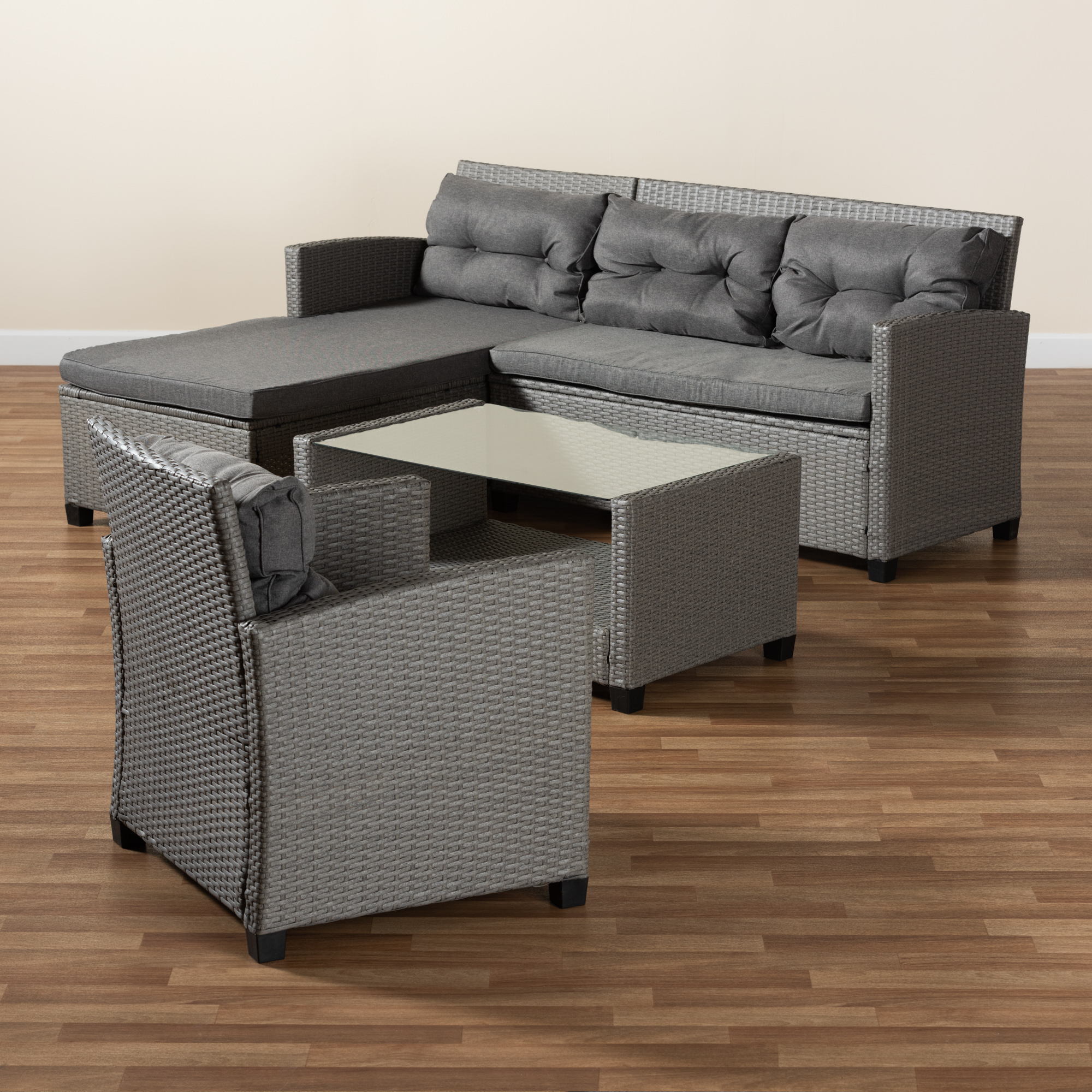 Baxton Studio Darian Modern and Contemporary Grey Fabric Upholstered and Grey Synthetic Rattan 4-Piece Patio Set