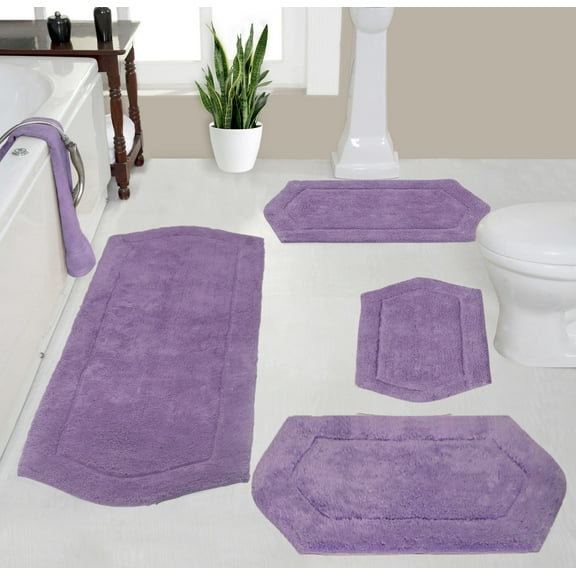 Home Weavers Waterford Collection 100% Cotton Non-Slip Bathroom Rug Set Machine Washable Bathroom Rug, Bath Rug, Bathroom Rug, Runner, Purple Color 4 Piece Bath Rug set