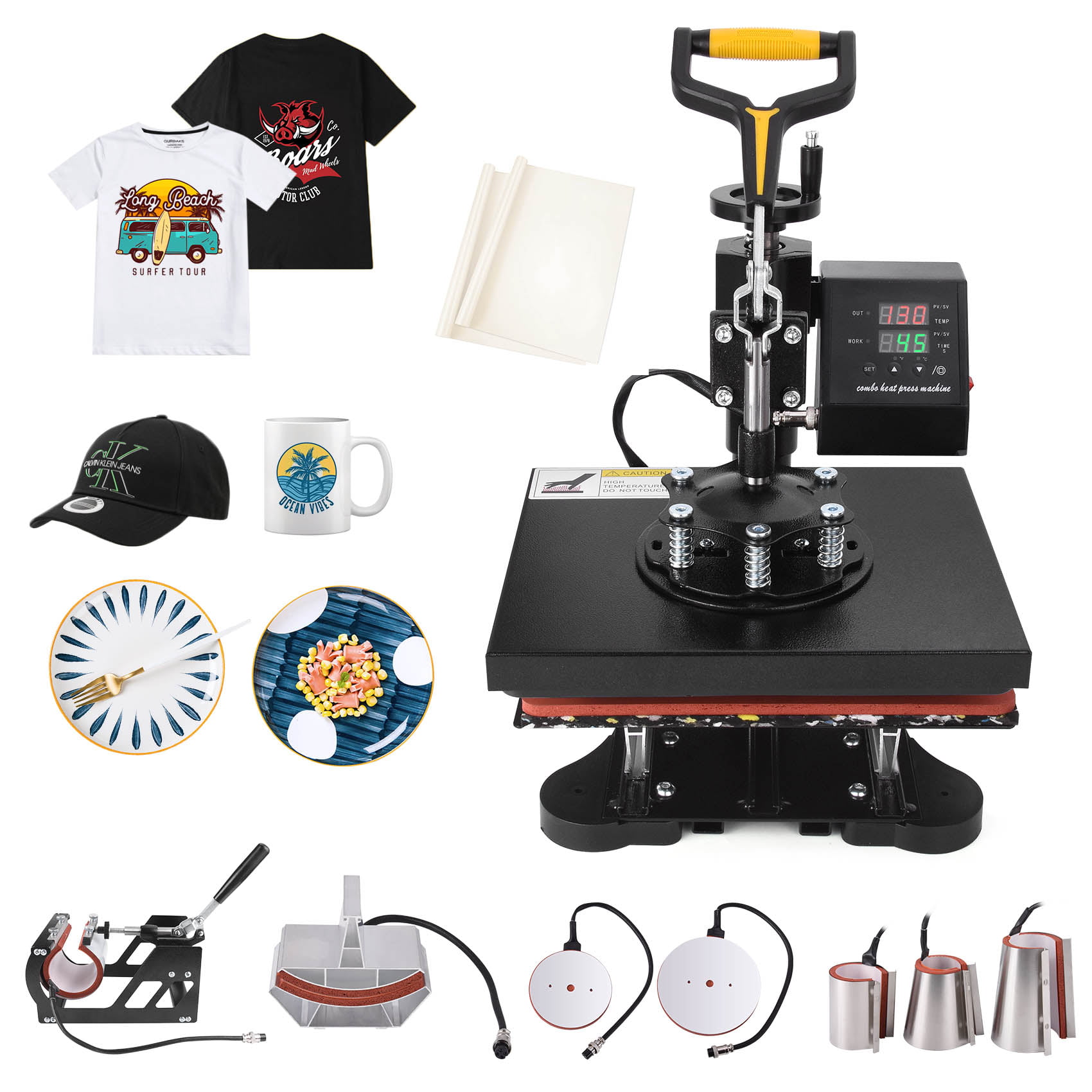 8in1 Heat Press Machine For T-Shirts 12"x10" Combo Kit Sublimation Swing away 