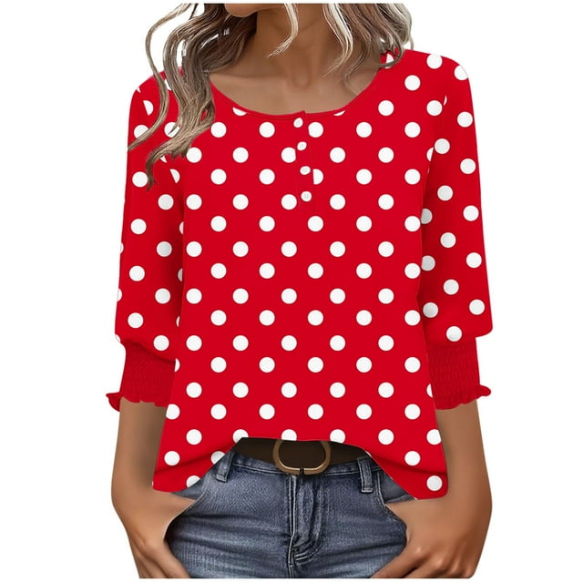 Lenpel T Shirts for Women Ruffle 3/4 Length Sleeve Crew Neck Quarter Button Printed Casual Loose Tunic Tops Graphic Tee Blouses(Red,Small)
