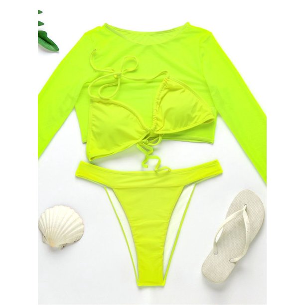 Sexy Neon 3 Piece Bikini set with Cover Up Hoodie Crop Top