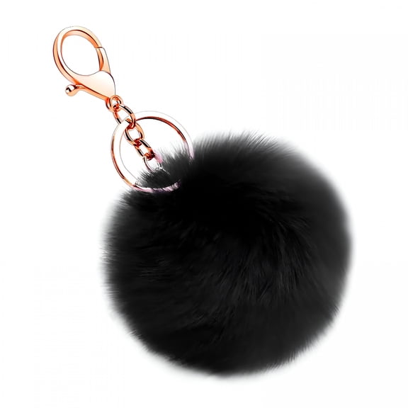 VANIDO Soft Artificial Rabbit Fur Keychain Plush Ball Key Ring Cute Pom Charm for Women Girls Plush Keychain Black