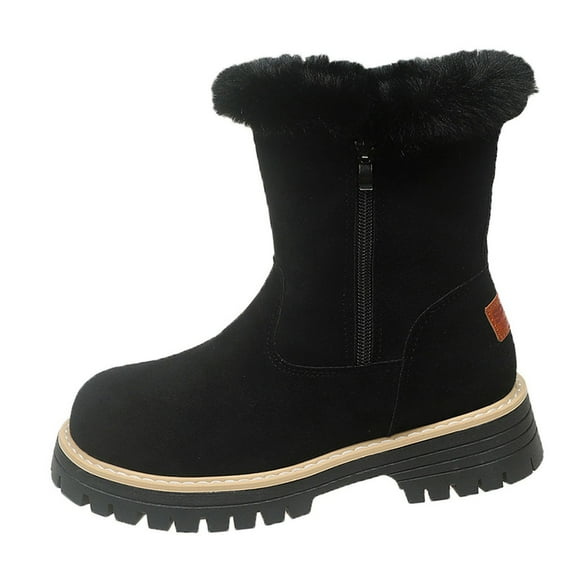 Black Women'S Fashion Boots Solid Color Thickened Velvet Mid-Calf Snow For Outdoor Indoor Wear
