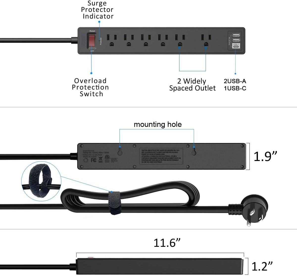 A house of tools Surge Protector Power Strip (1680J) 10Ft Extension Cord with 6 AC Outlets and 3 USB Ports(1USB C) for Home, Office, Dorm Essentials, ETL Listed, Black