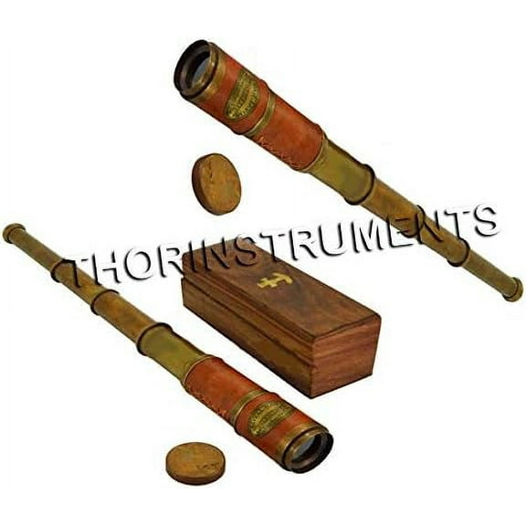 Beautiful brown Leather Encased Brass Telescope with Wood Box Handmade Rustic Vintage Home Decor Gifts