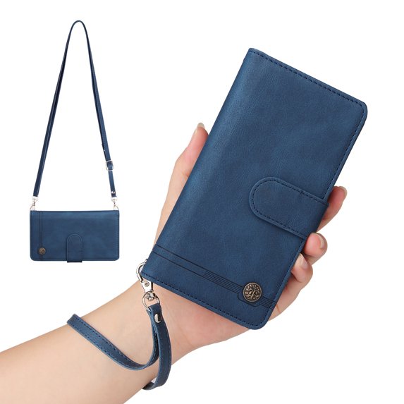 Mantto Galaxy Z Fold 3 5G Cover, Wallet Card Slot Crossbody/Shoulder Strap + Wristlet Strap Magnetic Premium PU Leather Zipper Pocket With Kickstand For Samsung Galaxy Z Fold 3 5G, Blue