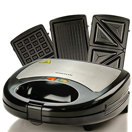 Ovente 3-in-1 Electric Sandwich Maker with Detachable Non-Stick Waffle and Grill Plates, 750-Watts, LED Indicator Lights, Cool Touch Handle, Anti-Skid Feet, Black (Best Sandwich Maker Removable Plates)