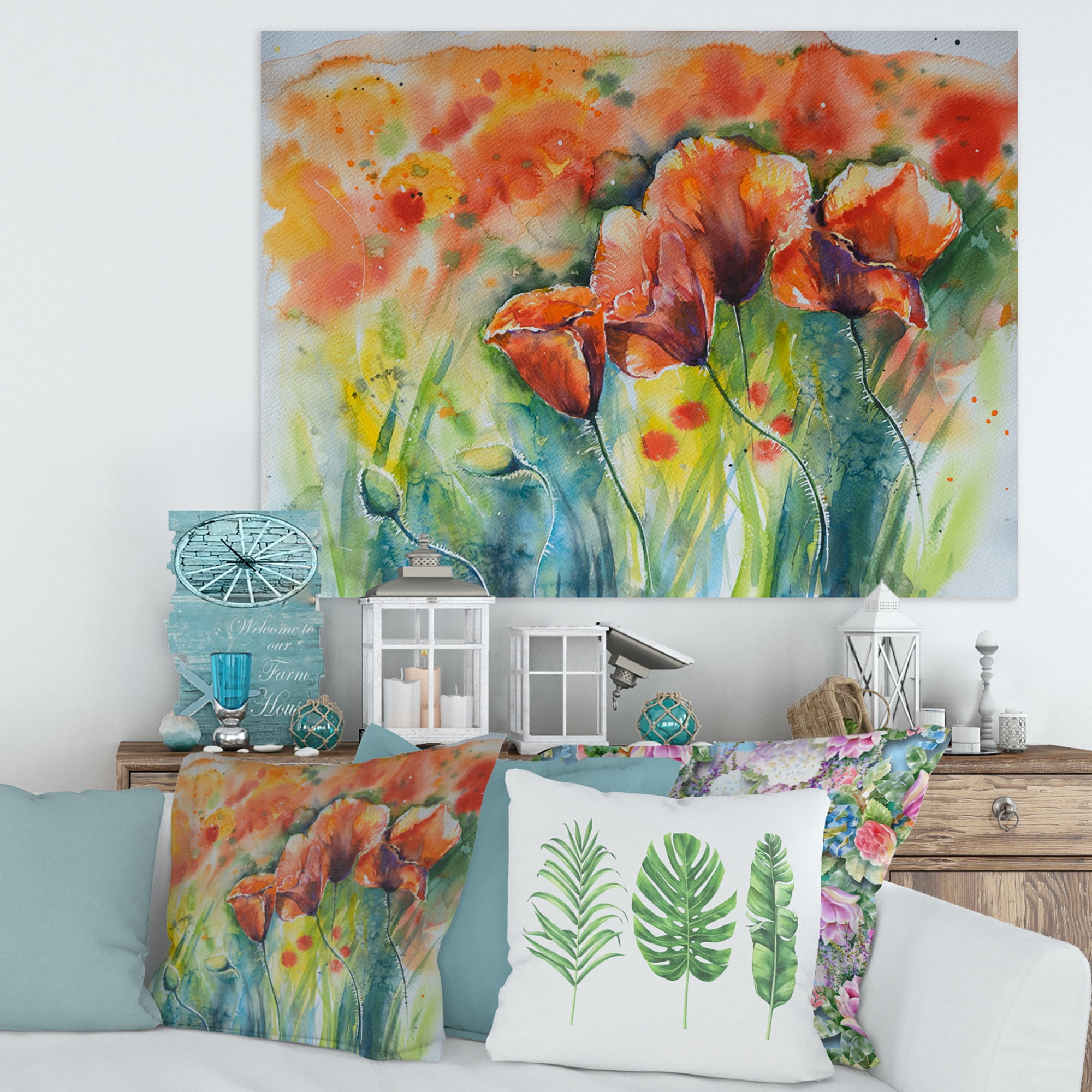 Designart ' Red Blossoming Poppies Over Wild Green IV ' Traditional Canvas Wall Art Print