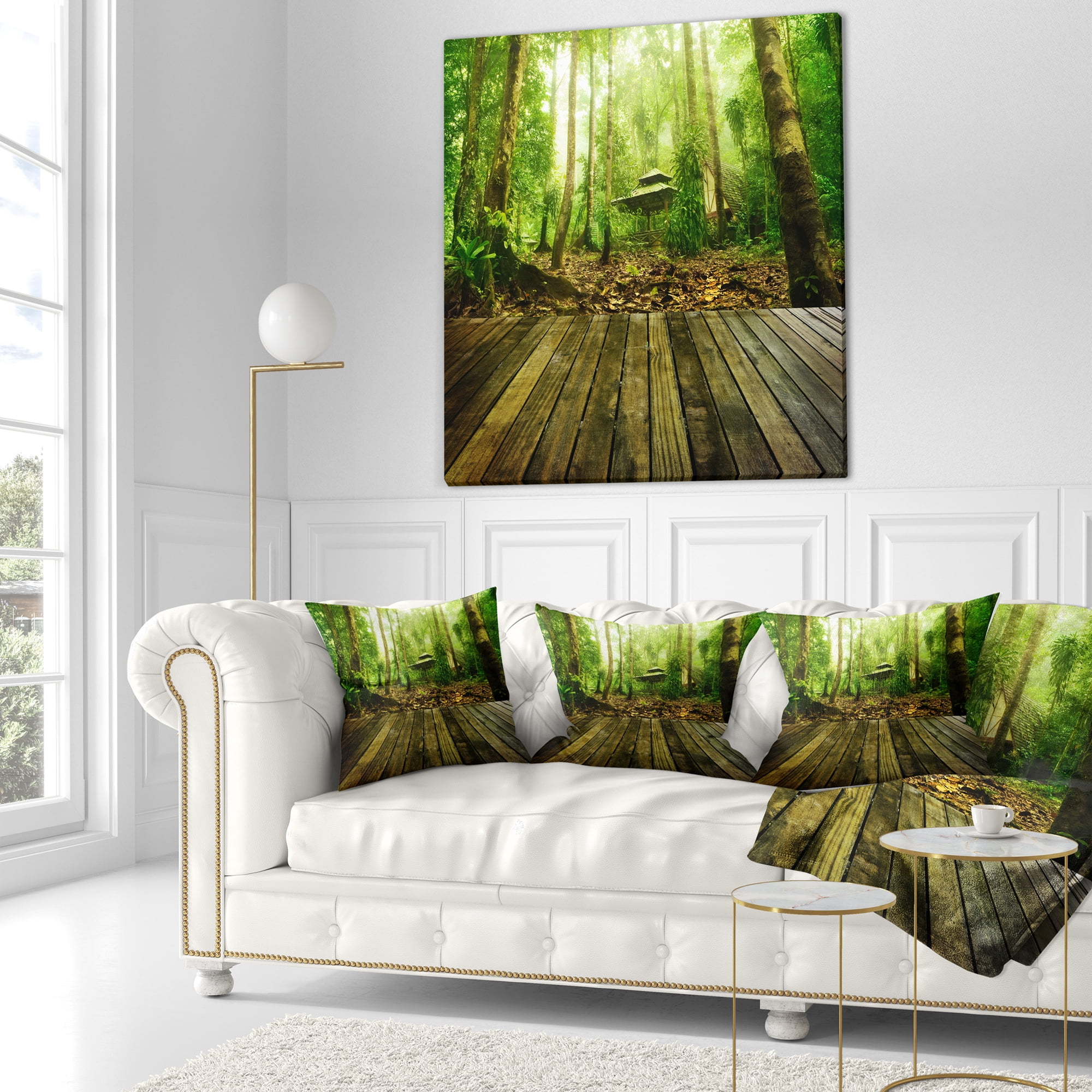 Designart Wooden Platform in Green Forest - Landscape Photography Throw Pillow - 18x18