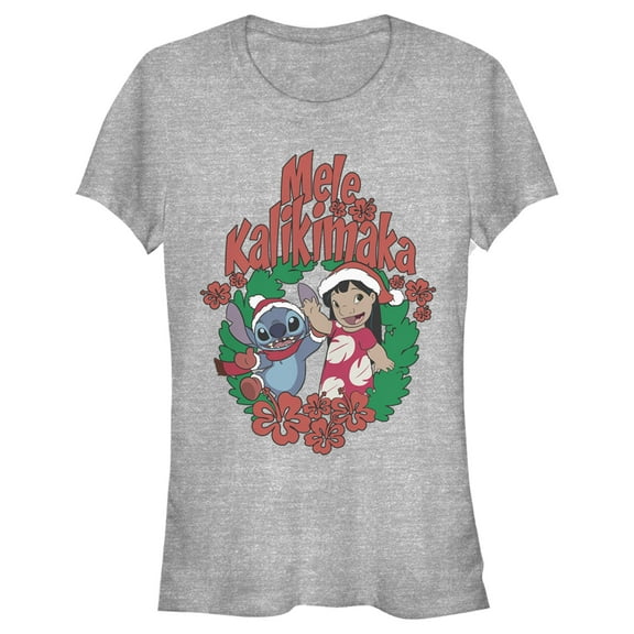 Junior's Lilo & Stitch Mele Kalikimaka Christmas  Graphic Tee Athletic Heather X Large