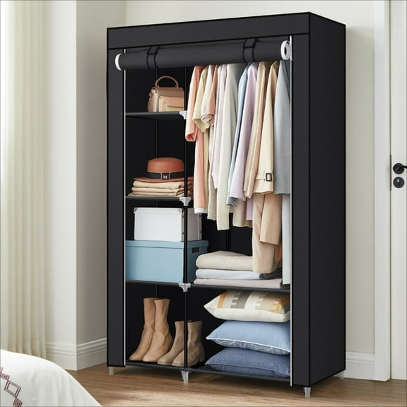 Portable Wardrobe Closet Organizer, 41.3 Inch Large Capacity with Fabric Cover, Hanging Rods and Shelves for Bedroom Closet System Heavy Duty Clothes Rack