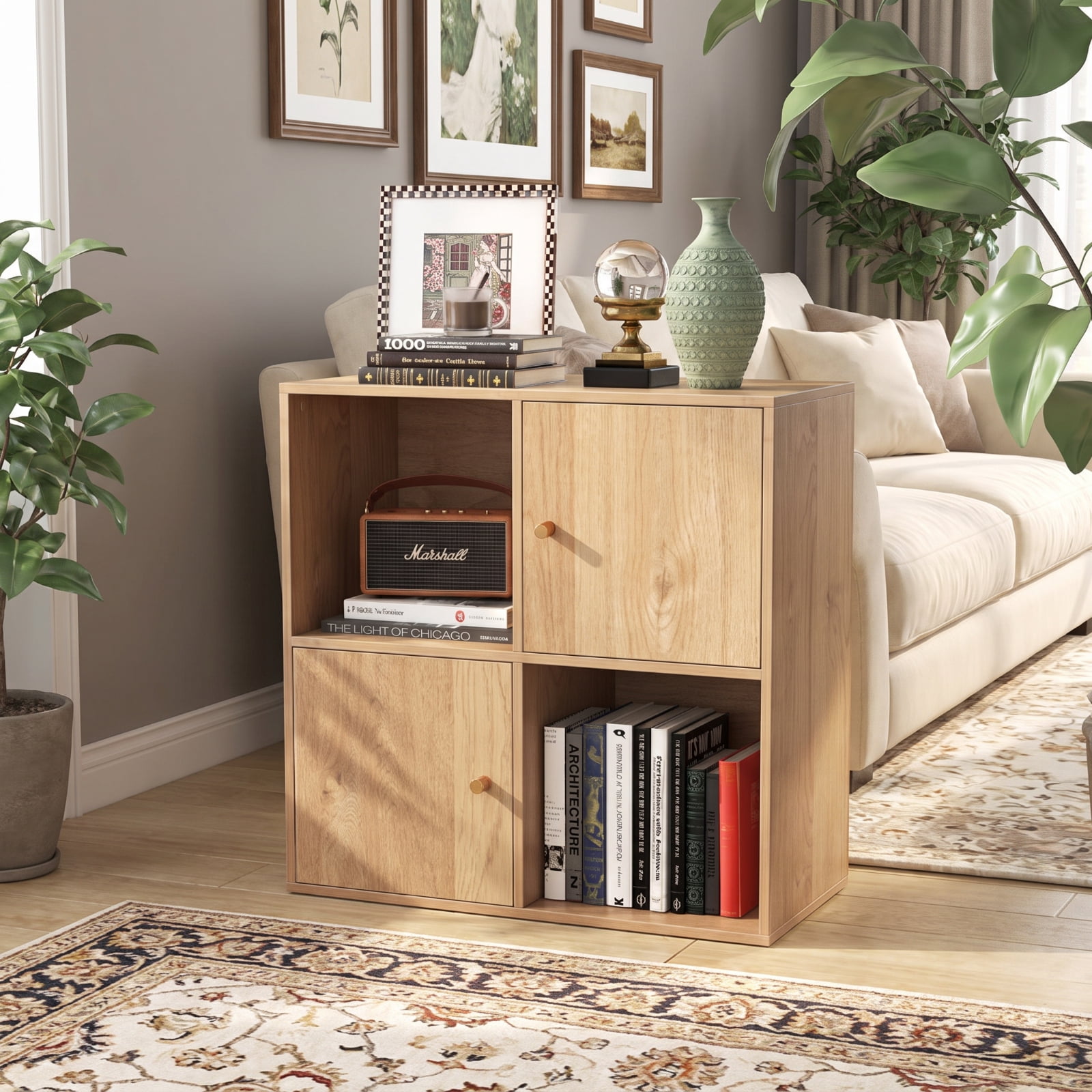 Furnibear 4-Cube 3-Tier Bookcase with 2 Cabinets Dual Anti-Tipping Kits and Metal Knobs for Living Room and Home Office, Natural