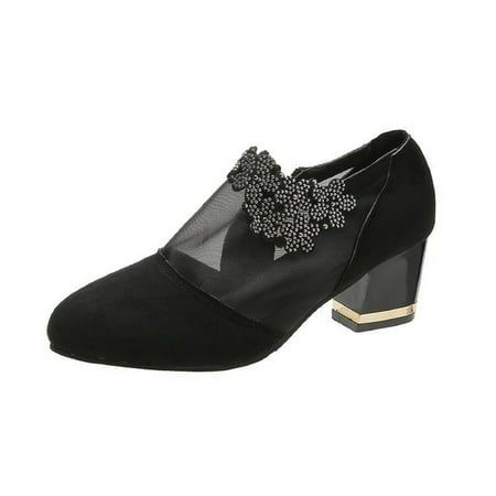 

KBKYBUYZ Pointed Thick Heel Side Zipper Flower Large Size Low Top Single Shoes Women