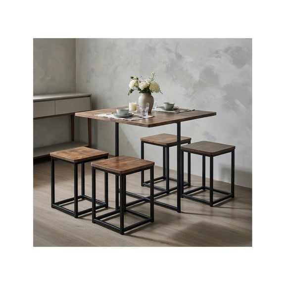 Resenkos Dining Room Table Set,Dining Table Set,5 Pieces Metal Frame Dining Set with Compact Dining Table and 4 Stools -Walnut