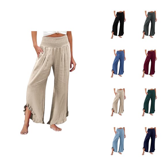 Linen Palazzo Pants for Women Spring Summer Smocked High Waist Wide Leg Asymmetric Ruffle Hem Flowy Beach Pants with Pockets