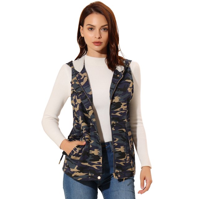 INSPIRE CHIC Veste Cargo à Capuche Taille à Cordon Camouflage pour Femmes Bleu TG