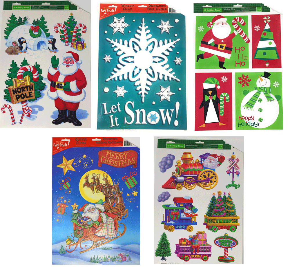 Pack of 5 Vinyl Window Cling Christmas Set Window Sticker Decorations