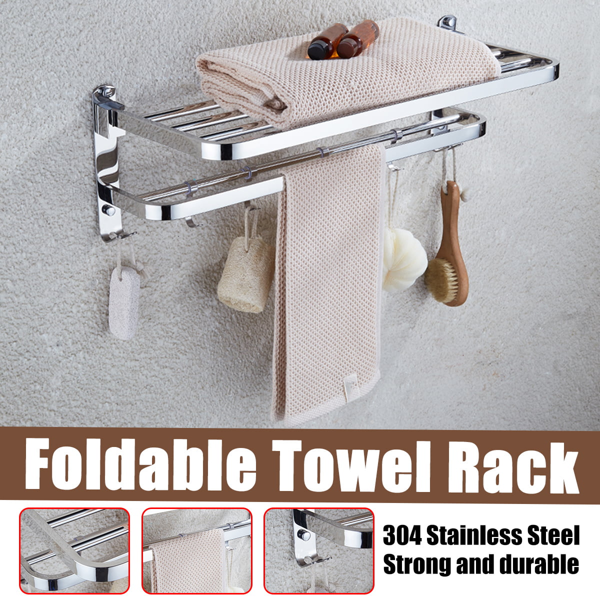 304 Stainless Steel Foldable Towel Rack Bar Wall Mounted Holder Bathroom Shelf 