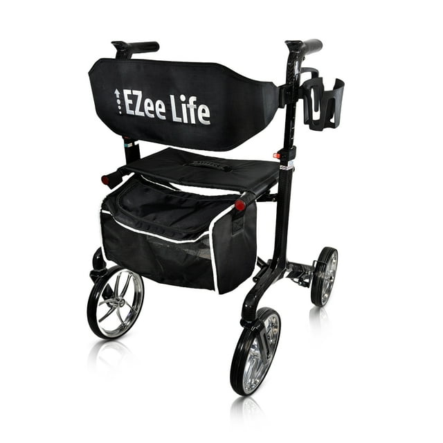 EZee Life Carbon Fiber Lightweight Rollator – 5.8 kg (13 lb) Ultra-Lightframe Mobility Walker with 10-in Front Swivel Wheels & Built-In Seat