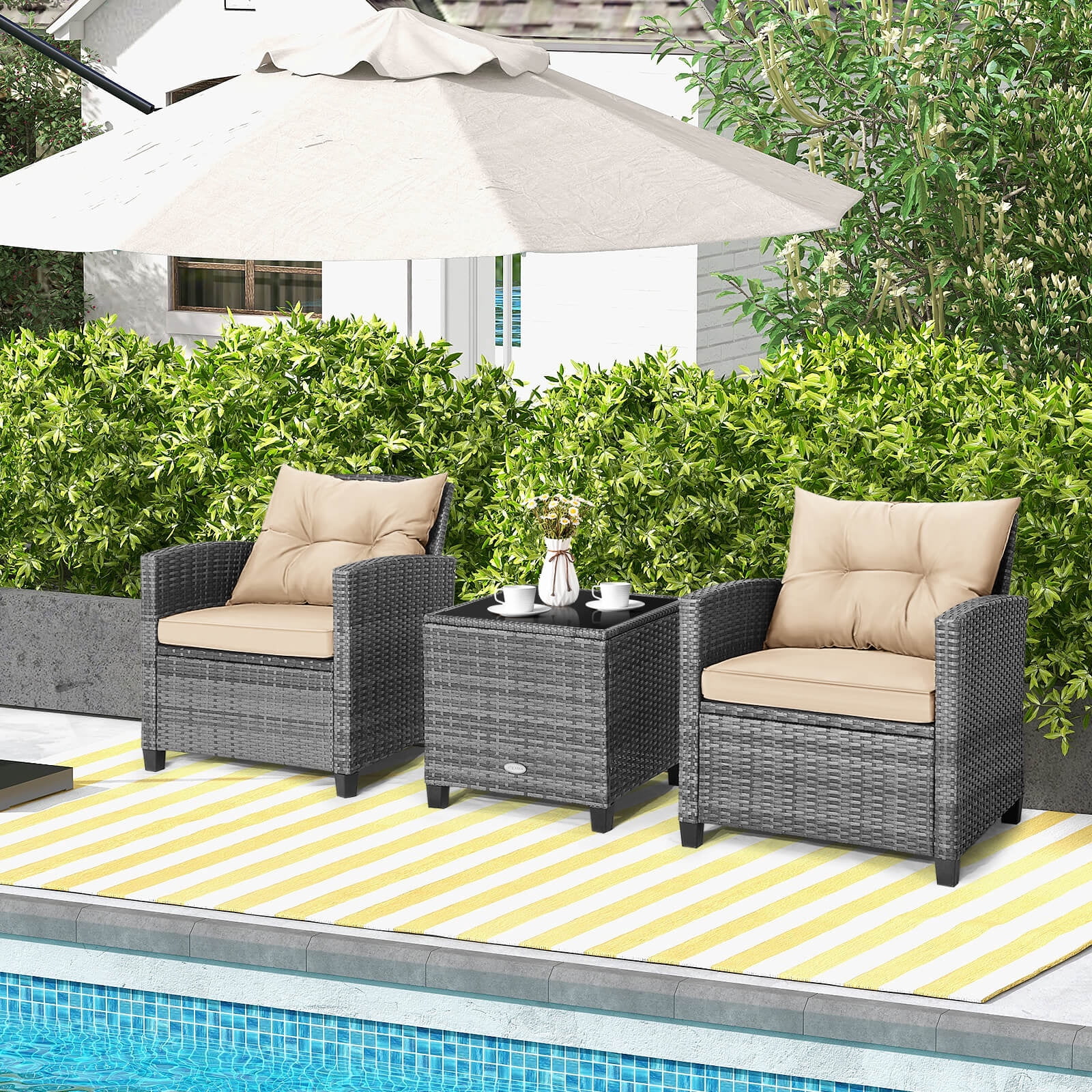 Costway 3PCS Patio Rattan Furniture Bistro Set Cushioned Sofas Side Table Armrest Mix Gray + Brown