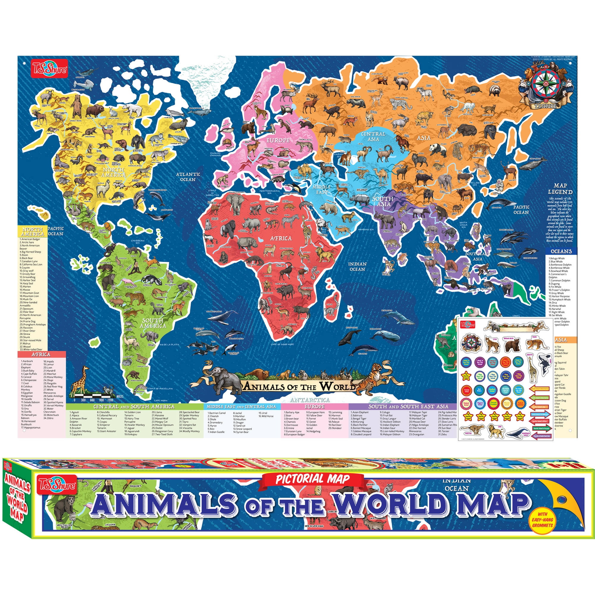 T S Shure Animals Of The World Map Pictorial Poster