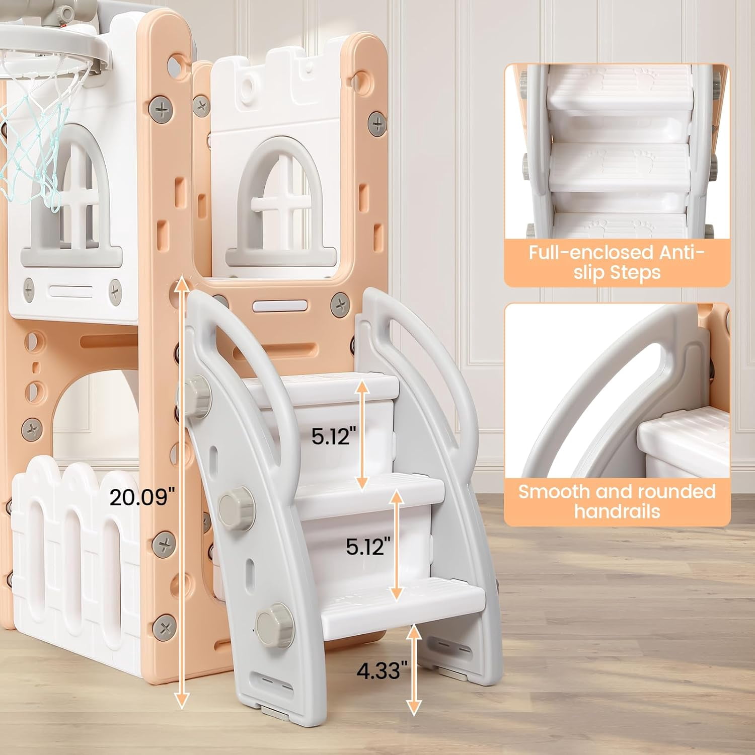 8 in 1 Toddler Slide Indoor Playground, Indoor Slide Toddler Playset for Toddlers 1-3, Kids Outdoor Playground with Slide, Basketball Hoop, Climber, Crawling Tunnel, Telescope, Pink & Grey