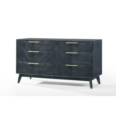 Benjara Cid Coy 55 Inch Wide Dresser, 6 Drawer, Metal Base, Gray Wood Grains, Gold