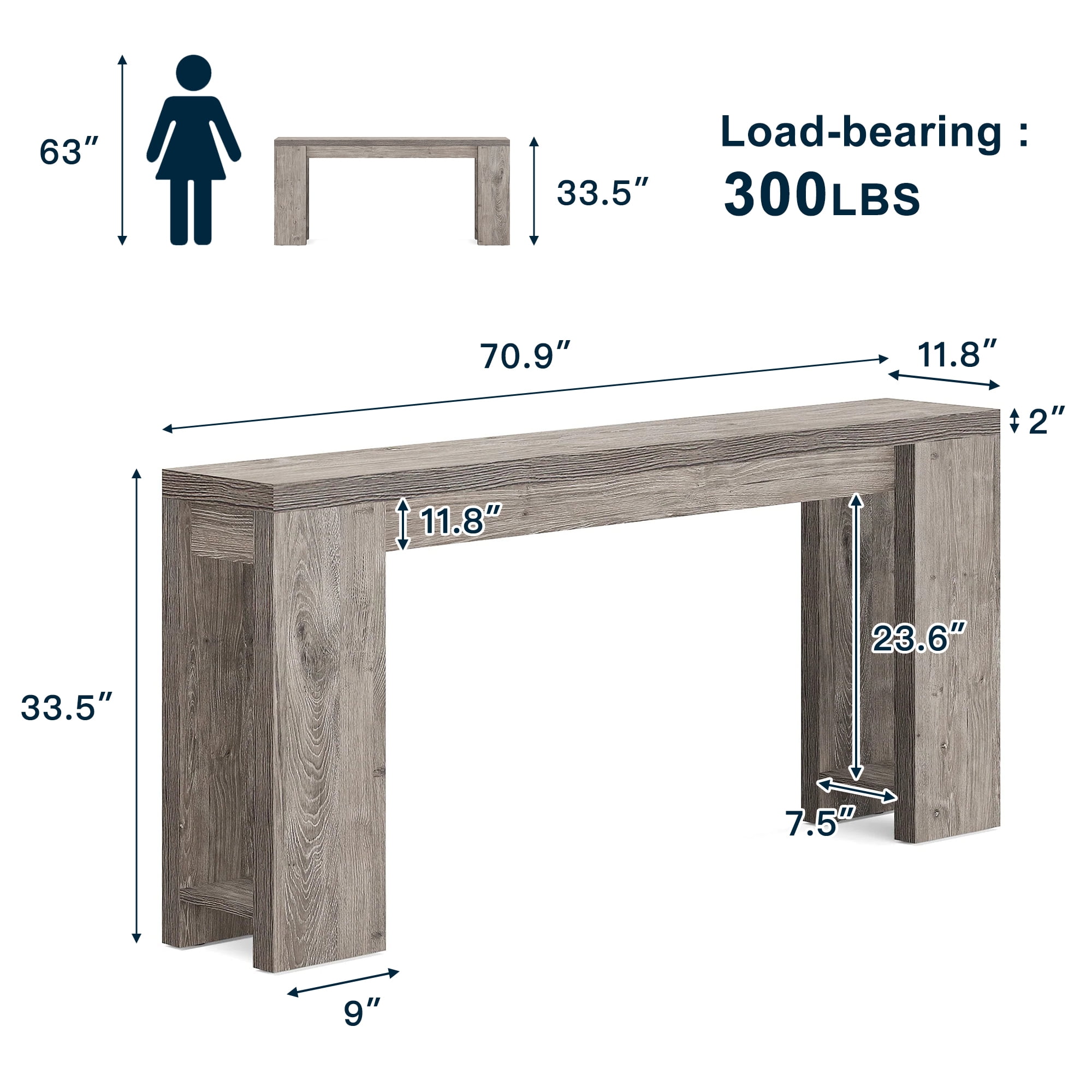 Demi Bonn 70.9" Wood Console Table, Farmhouse Sofa Table Entryway Table with Storage, Foyer Display Table, Gray
