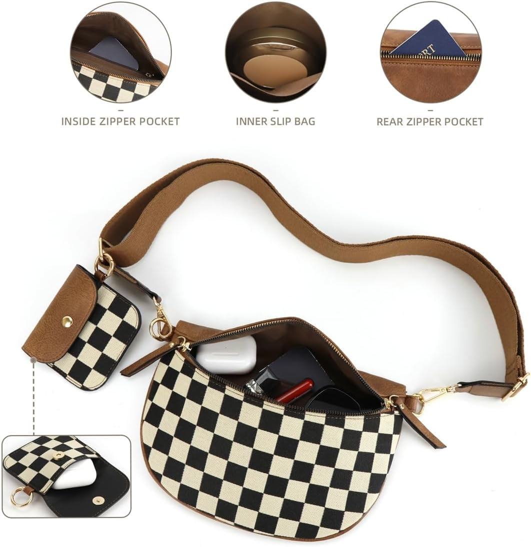 JUYGO 2 Pcs Checkered Crossbody Bags for Women Bum Bag Checkered Cross Body Sling Backpack Satchels Shoulder Wallet Purses