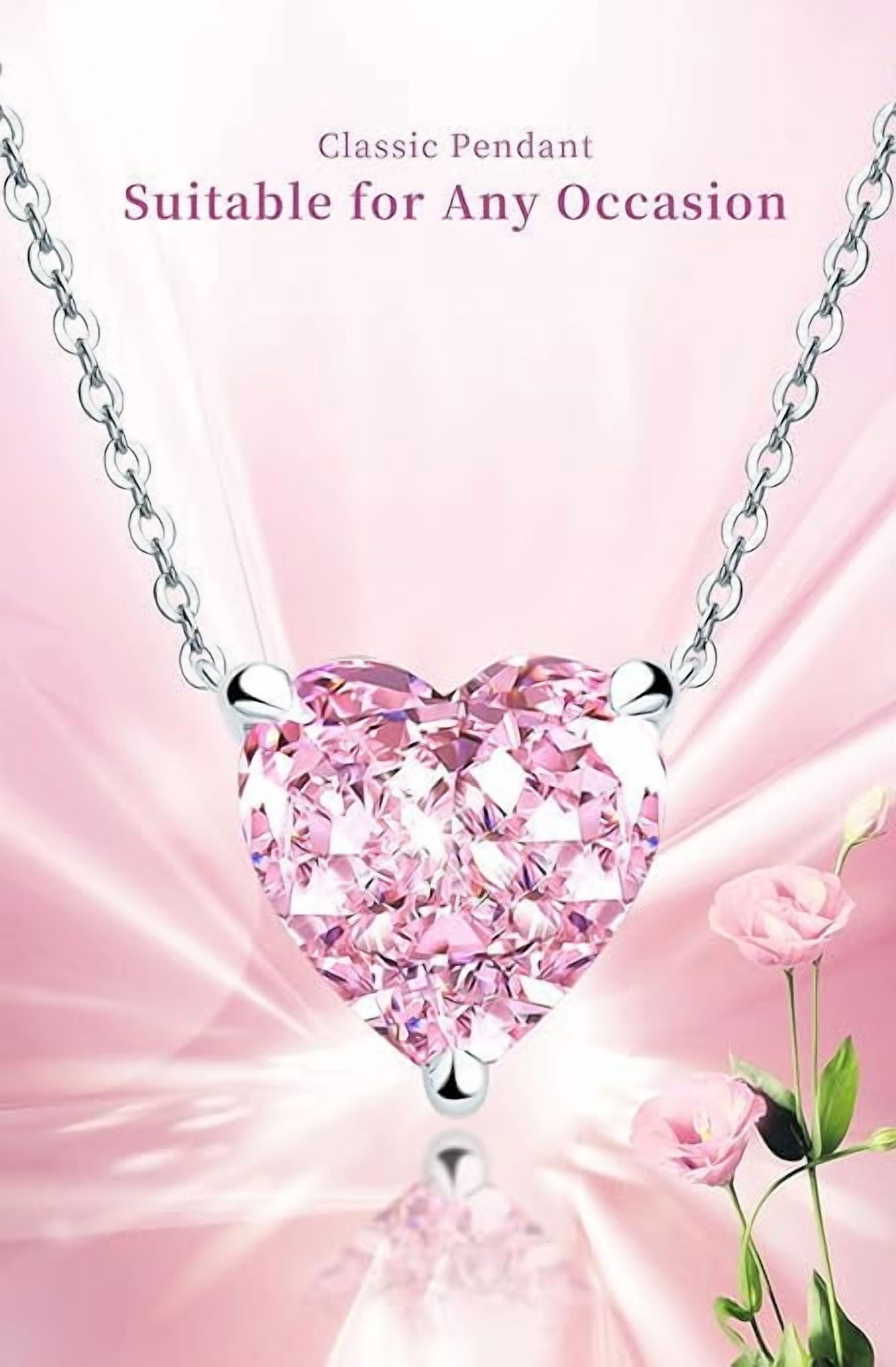 AINUOSHI Necklace for Women, Lab Simulated Diamond, Pink Heart Cut Pendant, 925 Sterling Silver with 18K White Gold Plating, Christmas Gift