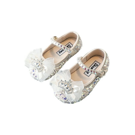 

Woobling Girl Flats Magic Tape Princess Shoe Bowknot Mary Jane Wedding Shoes Non-slip Flat Sandals First Walker Breathable Beige 7C