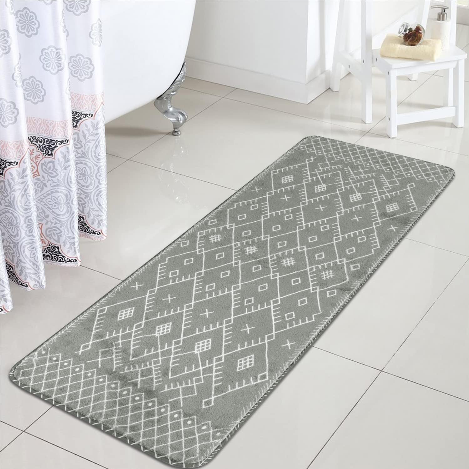 Bathroom Runner Rug 18x47 inch Long Boho Bath Mat Non-Slip Moroccan Farmhouse Gray Bath Rug Soft Velvet Machine Washable Bathroom Mats for Tub Sink Shower