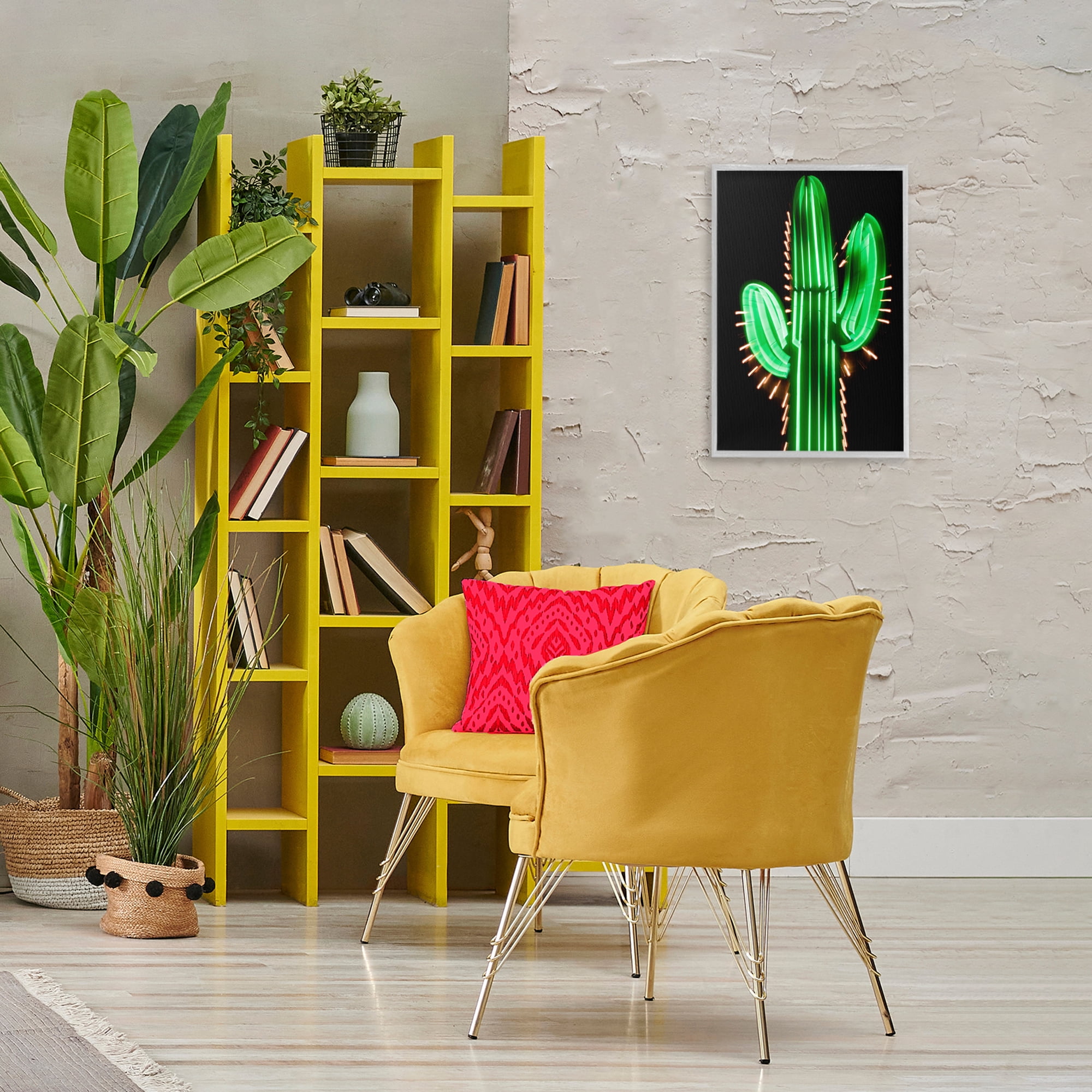 Stupell Industries Neon Lights Cactus Botanical & Floral Painting Gray Framed Art Print Wall Art, 16 x 24