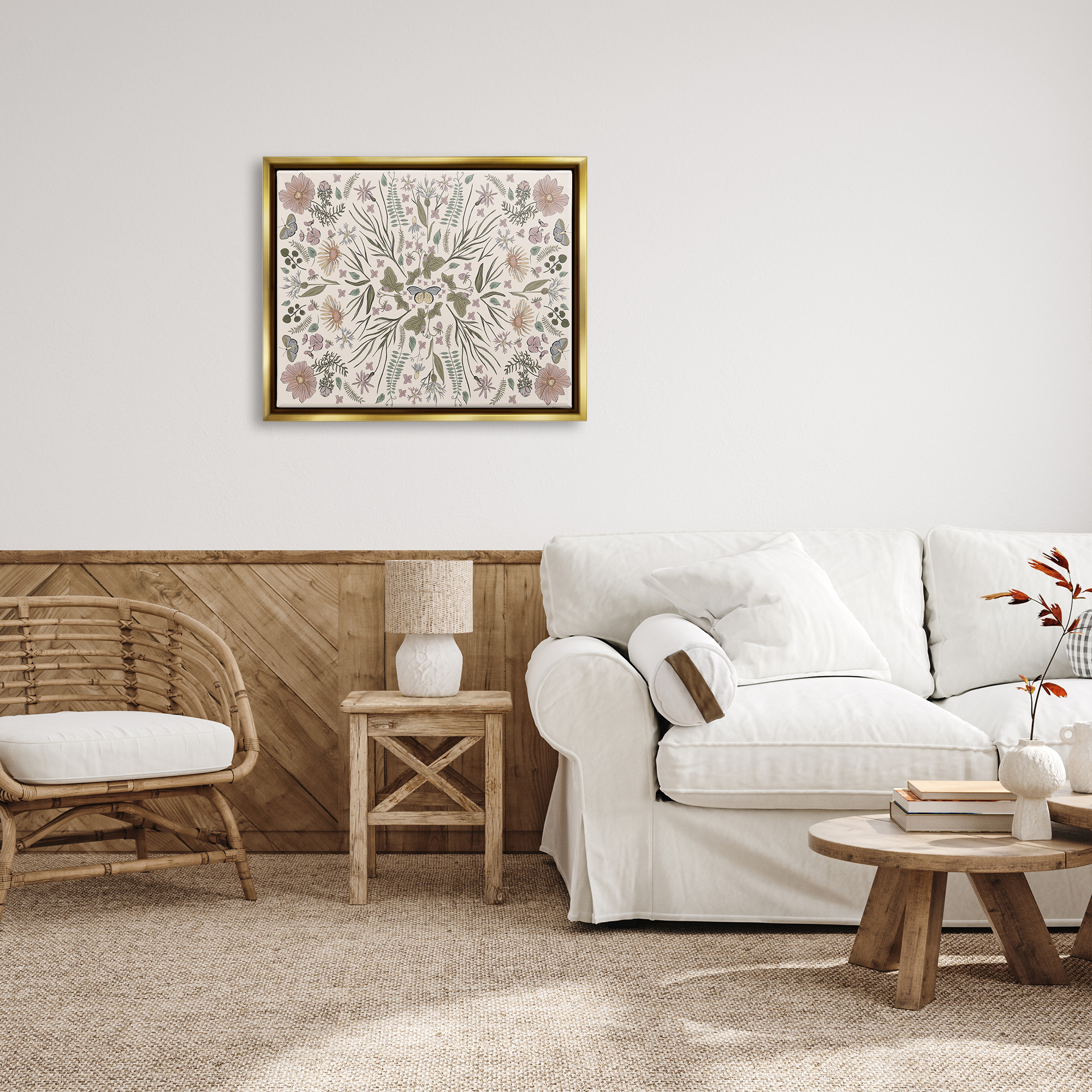 Stupell Industries Delicate Botanical Pattern Intricate Butterfly Insects Motif Graphic Art Metallic Gold Floating Framed Canvas Print Wall Art, Design by Birgit Maria Kiennast