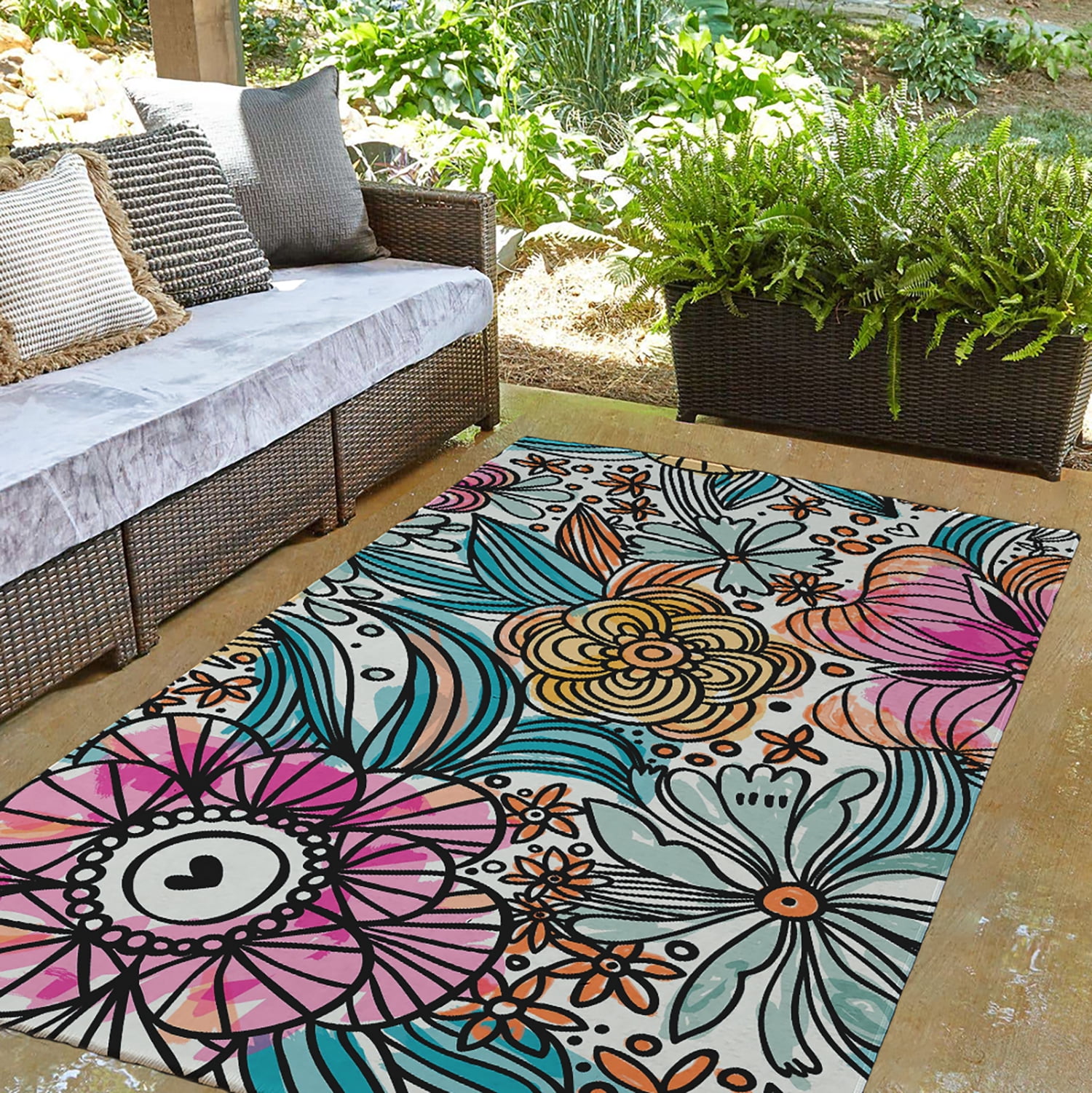 Simply Daisy 3' x 5' Orange Flower Melange Spring Chenille Indoor/Outdoor Rug