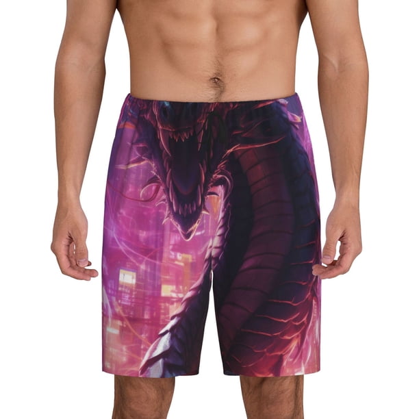 Balery Neon Futuristic Dragon Pantalones cortos de pijama de punto de algodón para hombre con cinturilla y bolsillos-Small