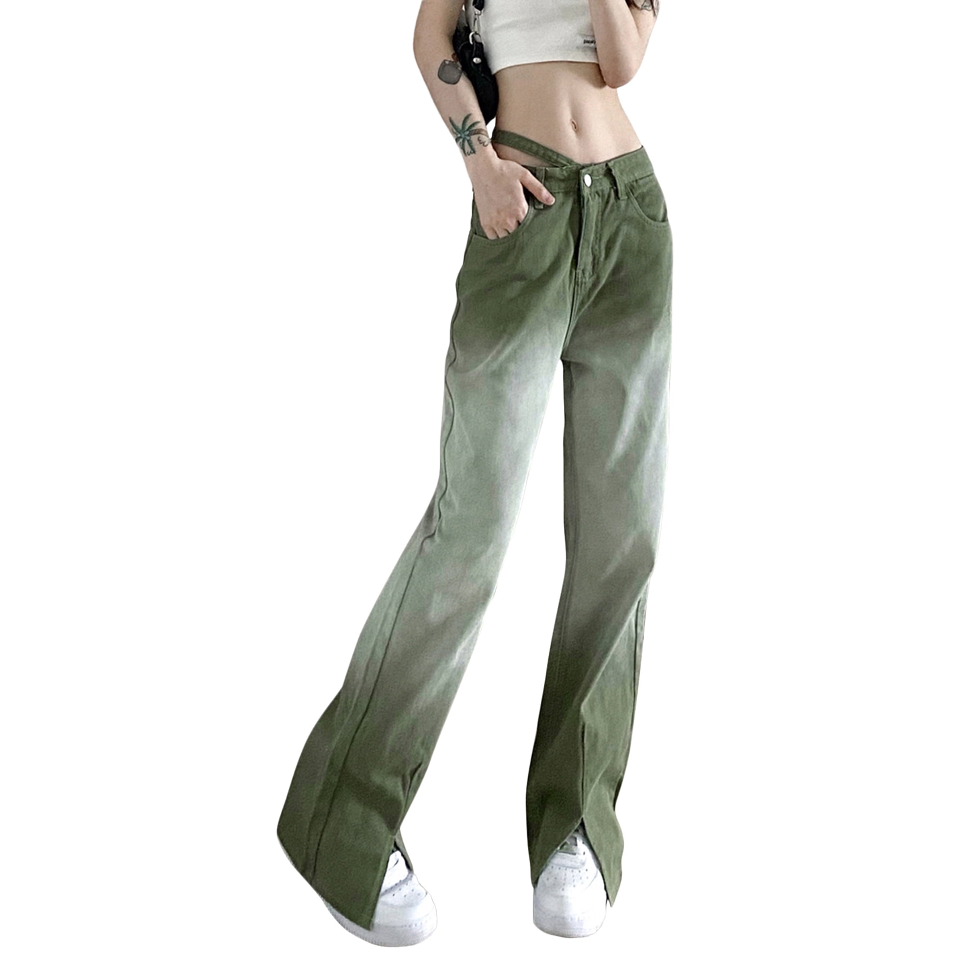 Womens Casual Split Straight Jeans Fashion Gradient Color Stitching Mid-waist Denim Pants with Pocket