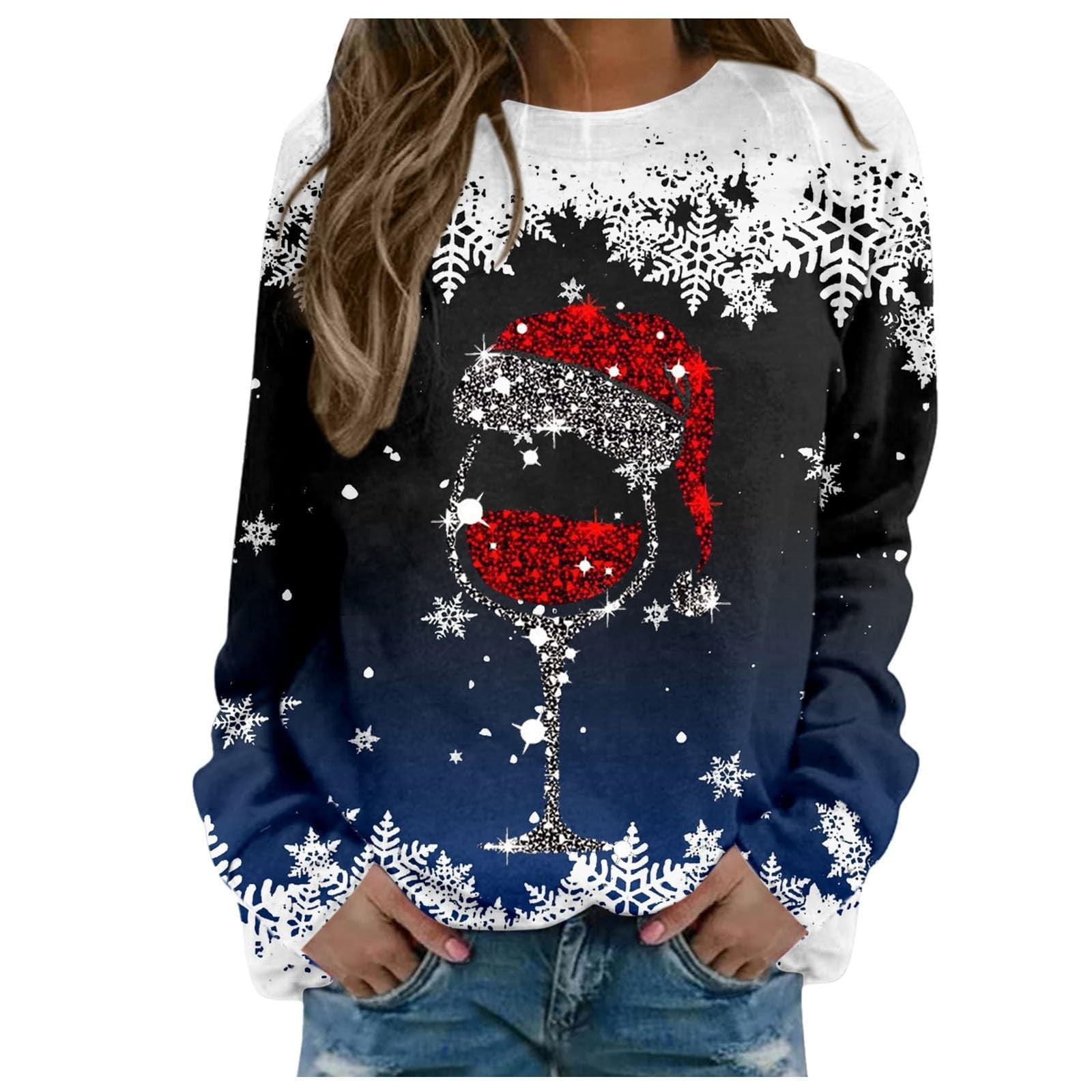 Enjoytime Crewneck Sweatshirts Women Cute Print Pullover Long Sleeve Tops Xmas Holiday Funny Casual Sweatshirt Blue XL