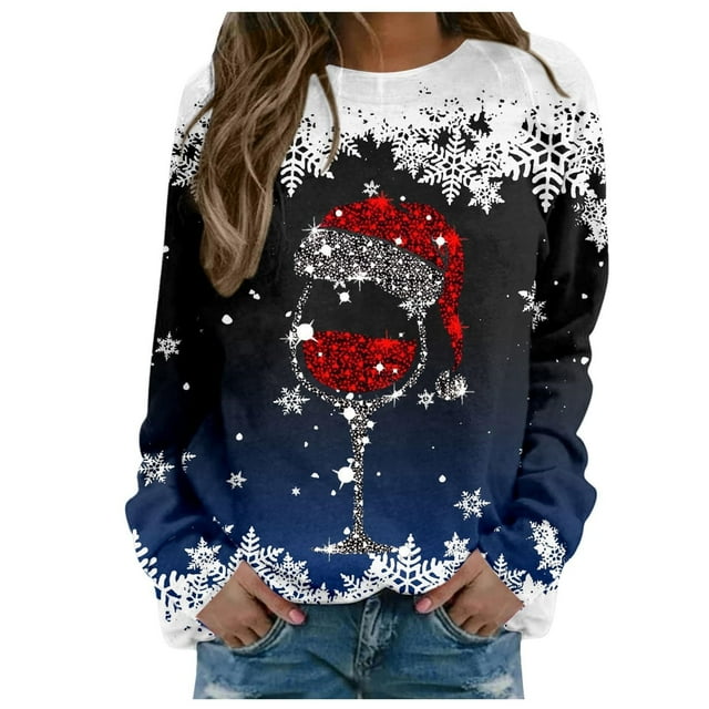 Staron Chandails de Noël pour Femmes, Chandail à Col Rond, Verre de Vin Rouge, Chandails Joyeux Noël, Hauts à Manches Longues, Chandail Mode, Hauts de Noël, Cadeaux Uniques pour Femmes