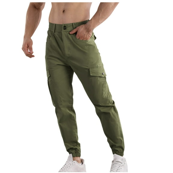 Men's Pants Men's Fashion Casual Solid Color Cargo Pockets Elastic Rope Waist Casual Cargo Pants Work Pants for Men Cargo Army Green M