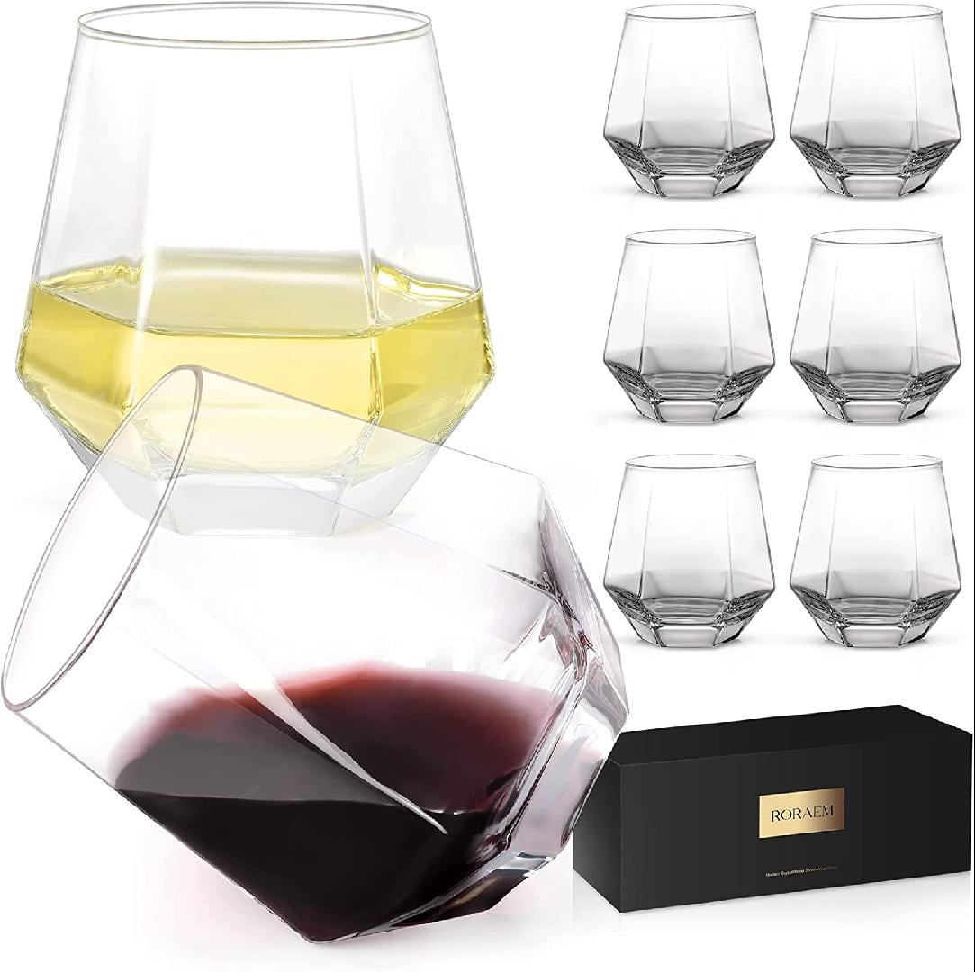 Wine Glasses Stemless Wine Glass Set of 6 Crystal Diamond Shape Wine