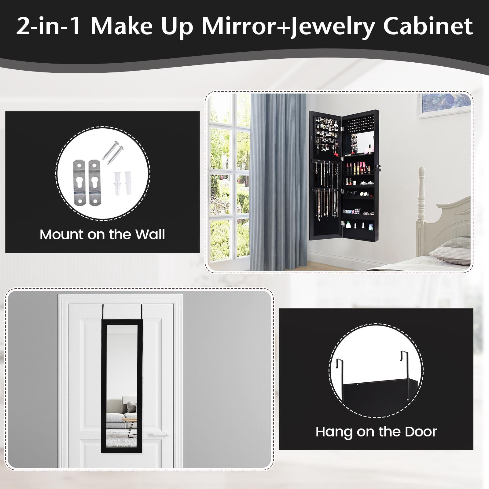 Giantex LED Jewelry Cabinet Wall Door Mounted, Lockable Jewelry Armoire w/Full Length Mirror, Cosmetics Tray, Brush Holders, Build-in Makeup Mirror for Women Girls (Black)