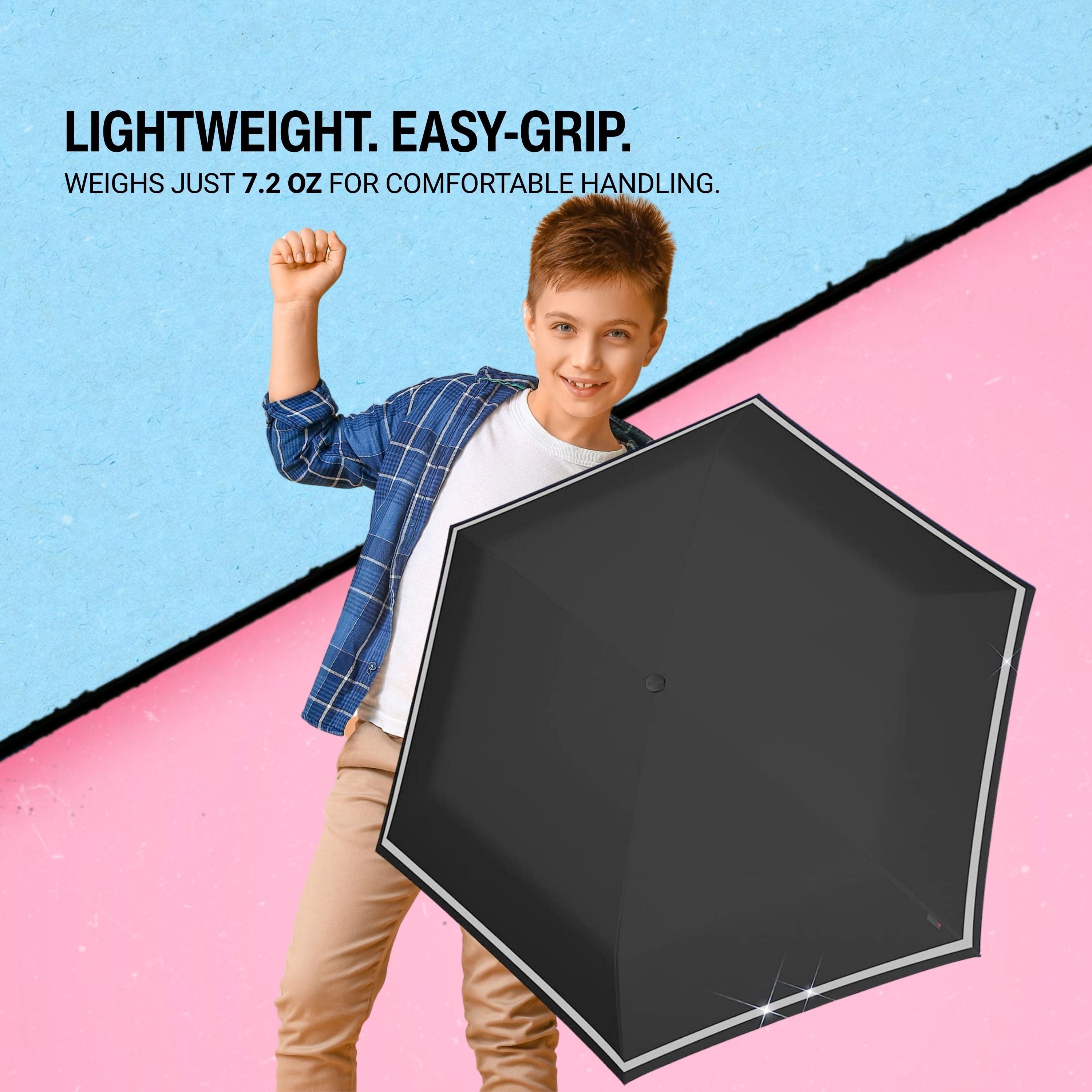 Knirps Black Rookie Manual Rain Umbrella for Elementary and Middle School Kids – 35.4" Canopy with Reflective Safety Stripe, Lightweight Design, Wind Tunnel Tested, Carrying Case Included