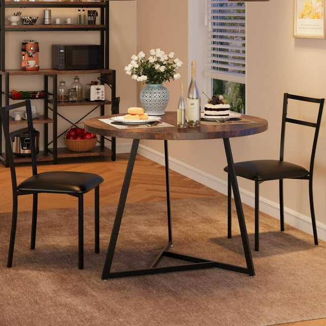 Dining Table Set for 2, Kitchen Table and Chairs for 2 with Upholstered Chairs, 3Pcs Dining Room Table Set, Round Kitchen Table Set for Small Space, Apartment, Studio, Rustic Brown