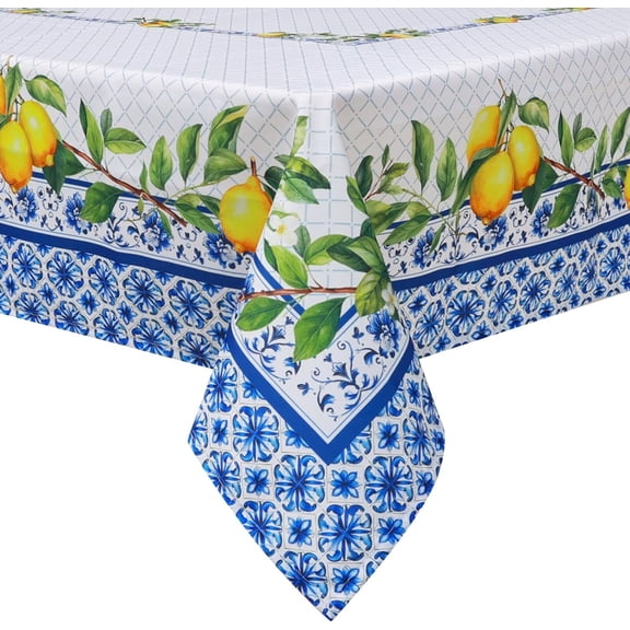 Spring Summer Tablecloth 60×84 inch, Waterproof Blue Lemon Table Cloth Washable, Stain Resistant Cloth Table Cover for Party Picnic Dinner Decor (Lemon)