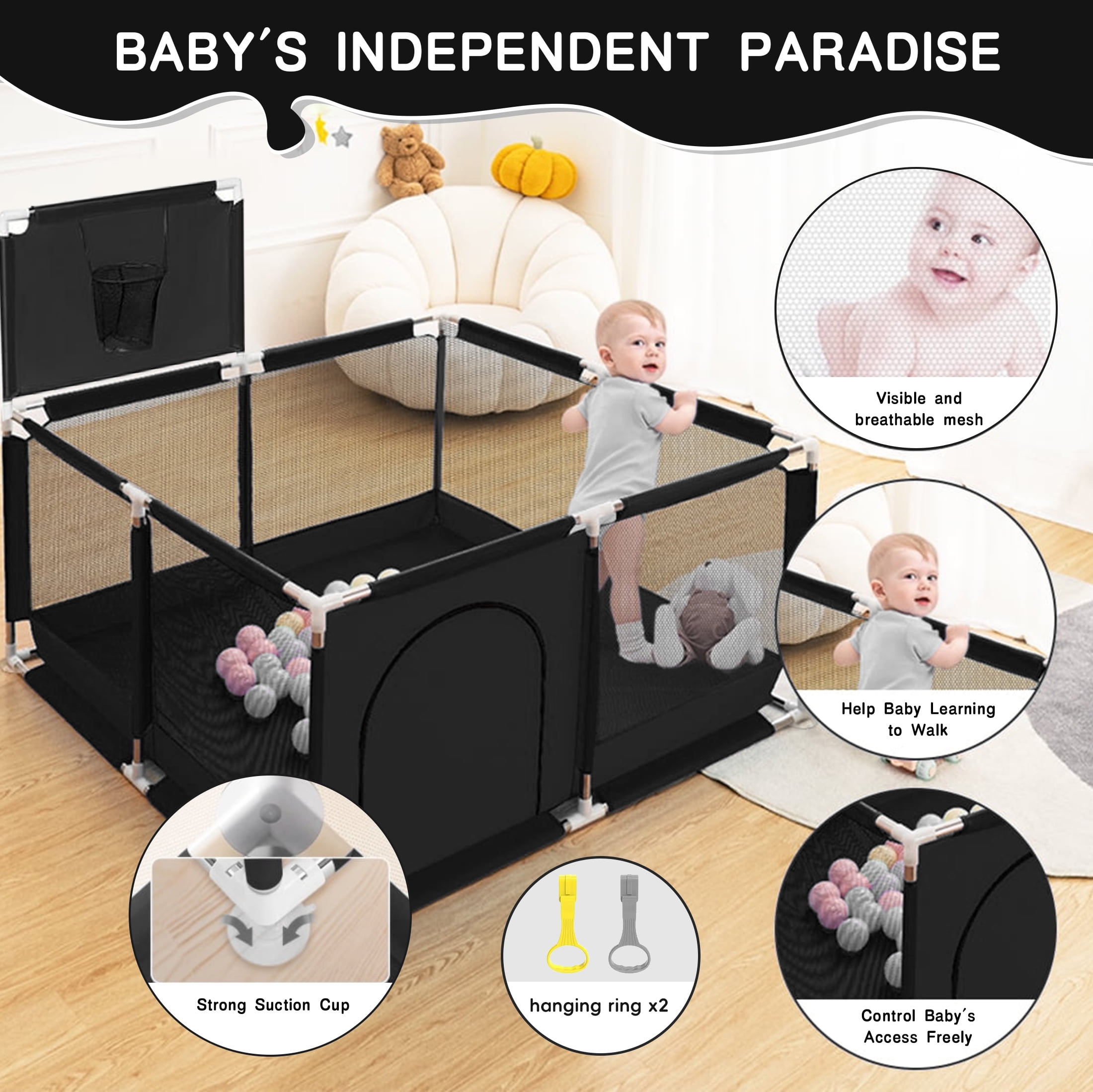 HioHa Baby Playpen, Baby Playard with Basketball Hoop, Portable Play Yard Baby Fences for Infant Toddler