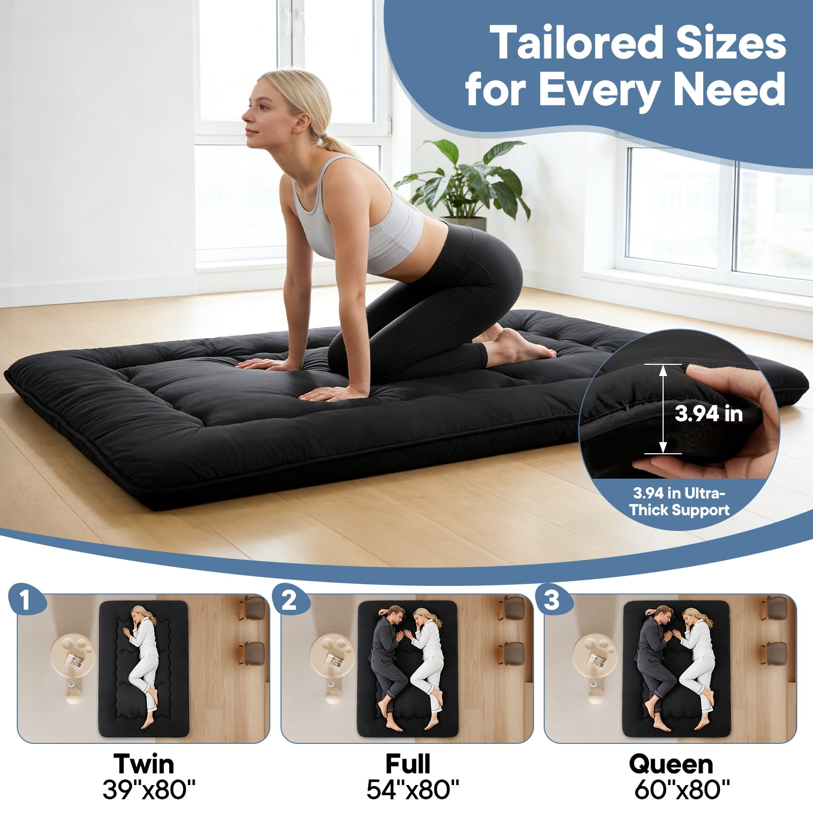 Sweetcrispy Twin Japanese Floor Mattress with Washable Cover, Folding Memory Foam Sleeping Mat for Dorm, Camping & Guest Room, Black