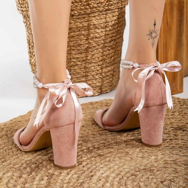 Melissa - Sandalias de ante rosa empolvado con perlas rosa 22.5 CM