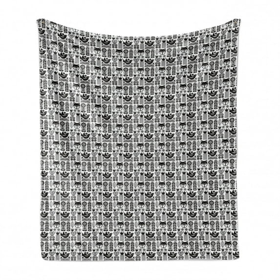 Folk Art Soft Flannel Fleece Throw Blanket, Continuous Scandinavian Pattern with Hearts Foxes Birds Flowers Plants, Cozy Plush for Indoor and Outdoor Use, 60" x 80", Charcoal Grey White, by Ambesonne