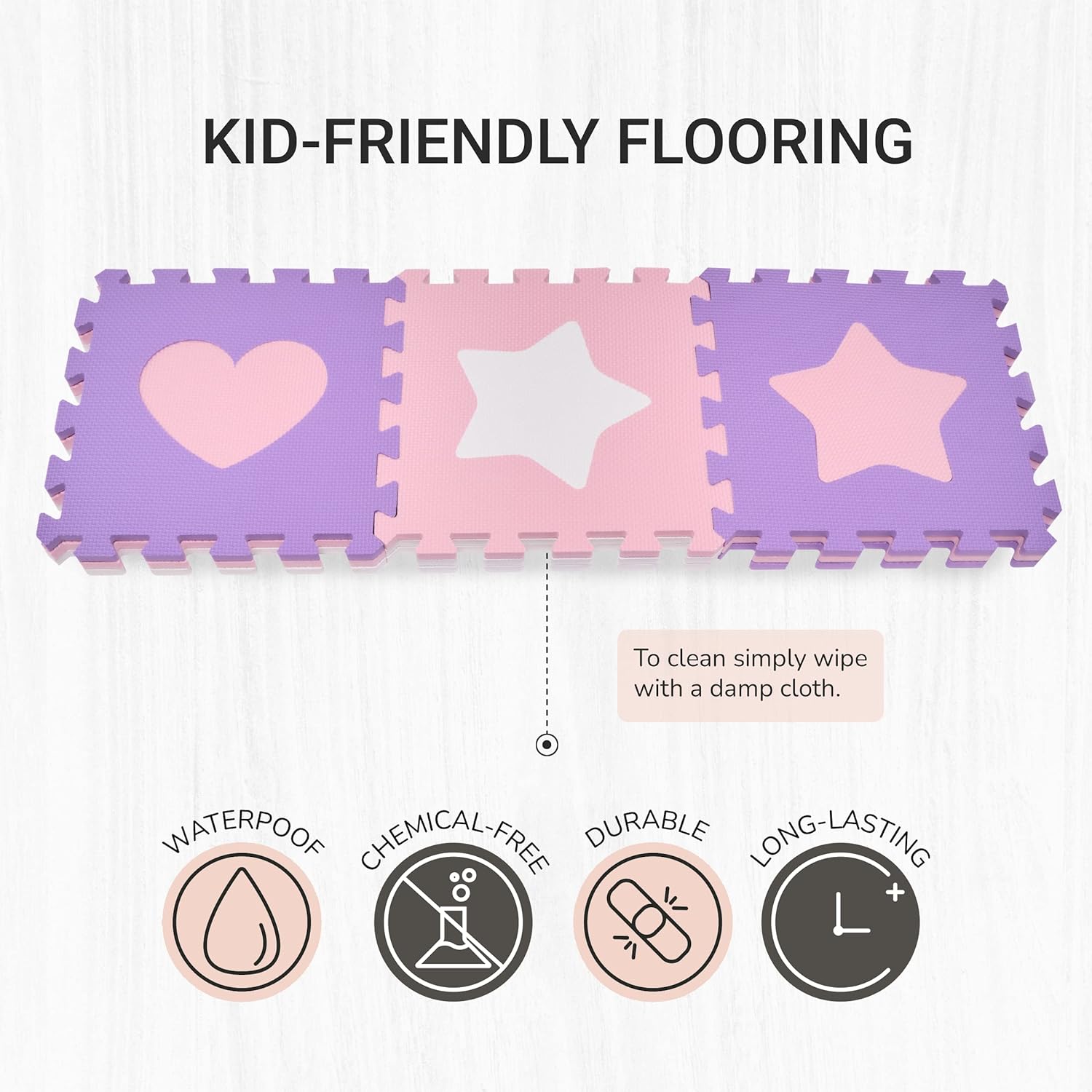 Tadpoles Hearts and Stars Foam Playmats for Baby and Kids, 16 Interlocking Play Mat, Waterproof, Durable, Long-lasting | Total Floor Coverage 50” x 50” | Pink, Purple - image 4 of 6